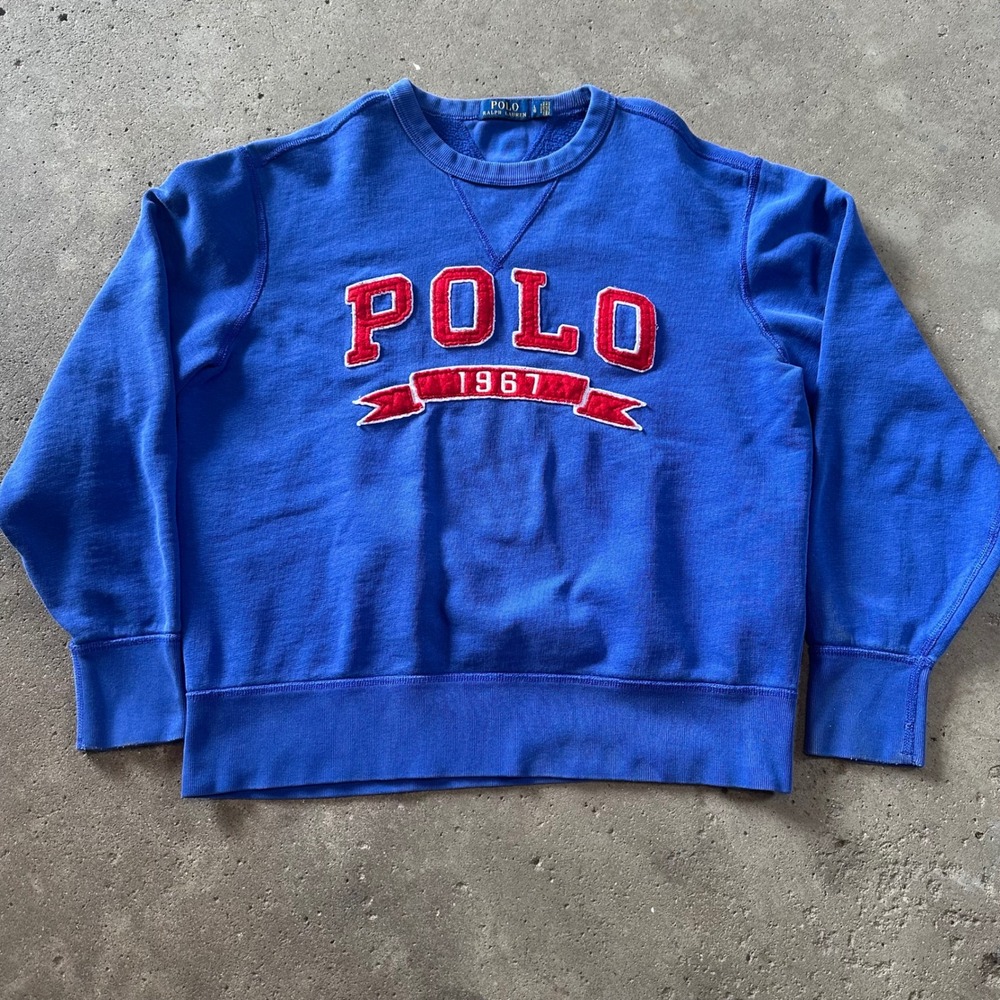 Polo Ralph Lauren Sweatshirt Mens L Blue Chenille Patch Crewneck Fleece Weave